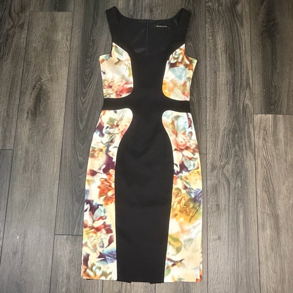Black Halo Sheath Dress Sleeveless Color Block Floral Printed Fitted Size 2 - Picture 7 of 16